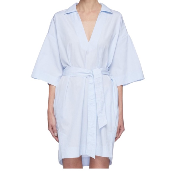 FRAME "Channing" Open Collar V-Neck Blue Belted Shirt Dress Sz Small Cotton - Picture 1 of 3